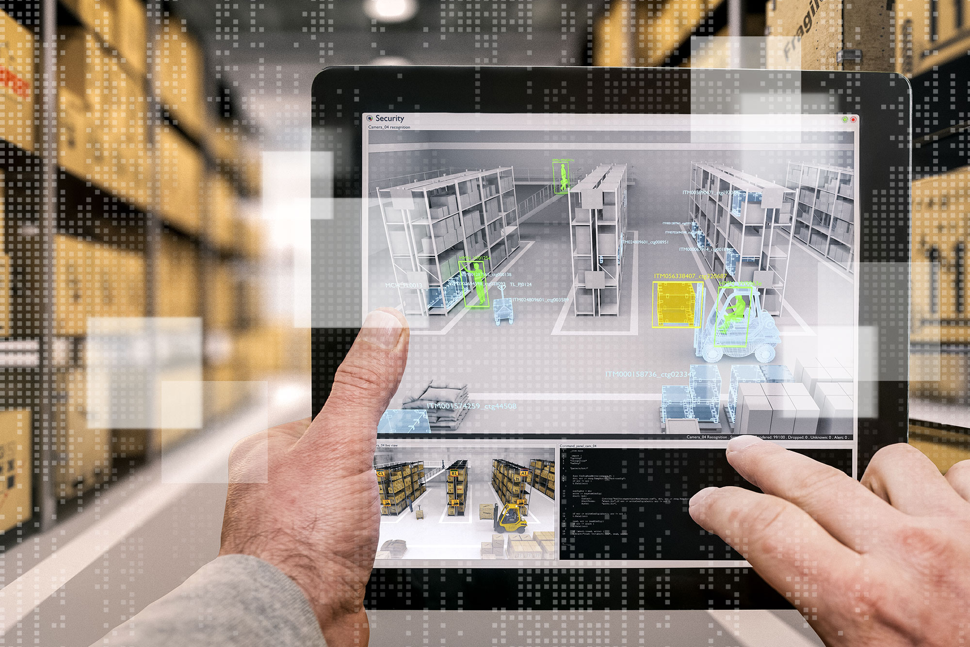 Forschungsfeld »Datenräume in Produktion und Logistik«, virtuelle Lagerhallenplanung über ein Tablet