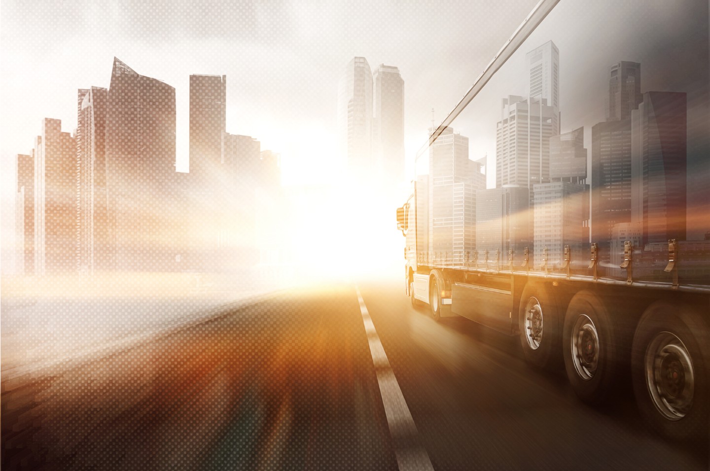 Logisitik, Transport und Mobilität Geschäftsfeld »Logisitik, Transport und Mobilität«, Lkw auf einer Straße in Richtung Großstadt