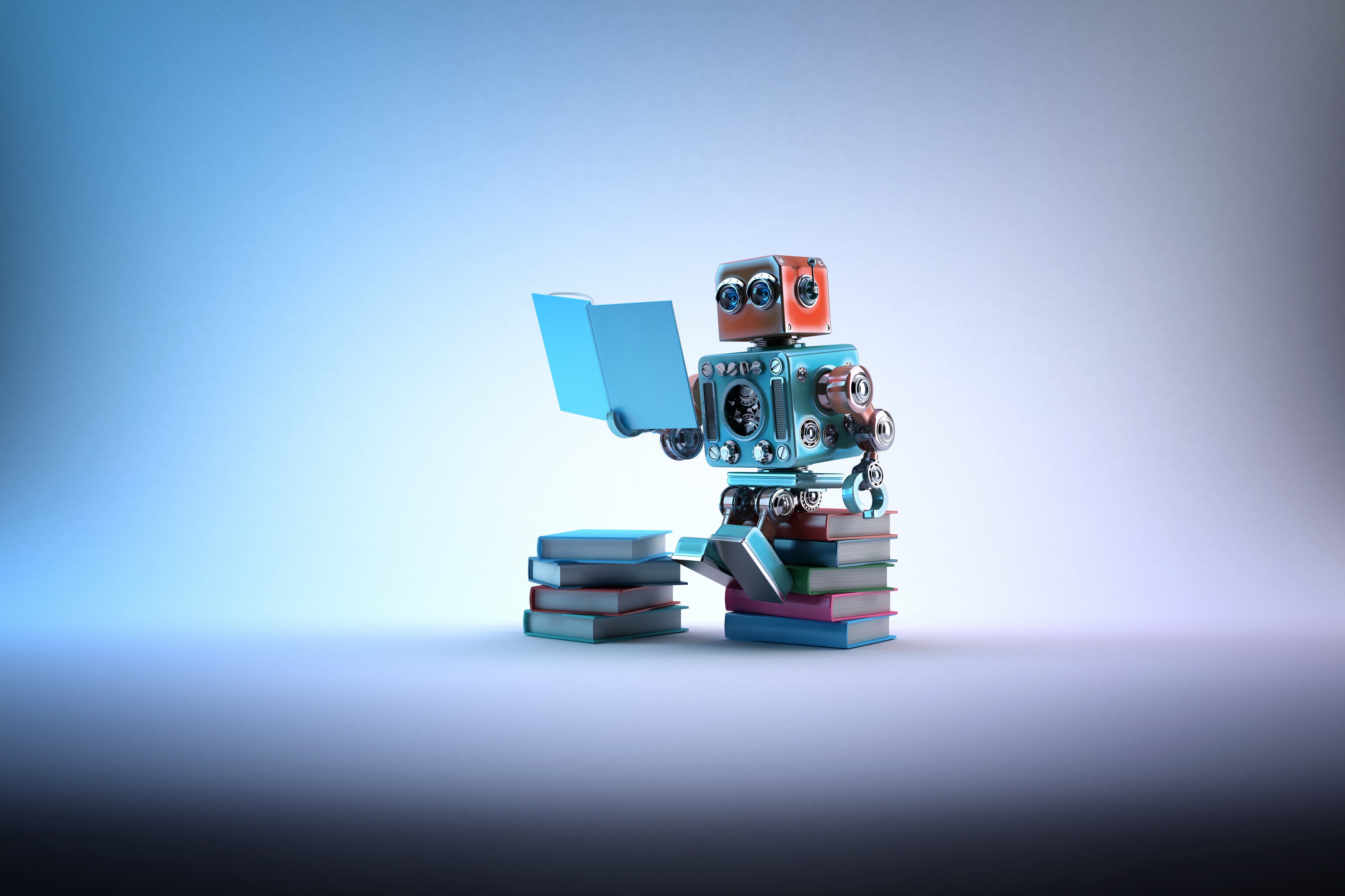 Robot sitting on a bunch of books. Contains clipping path