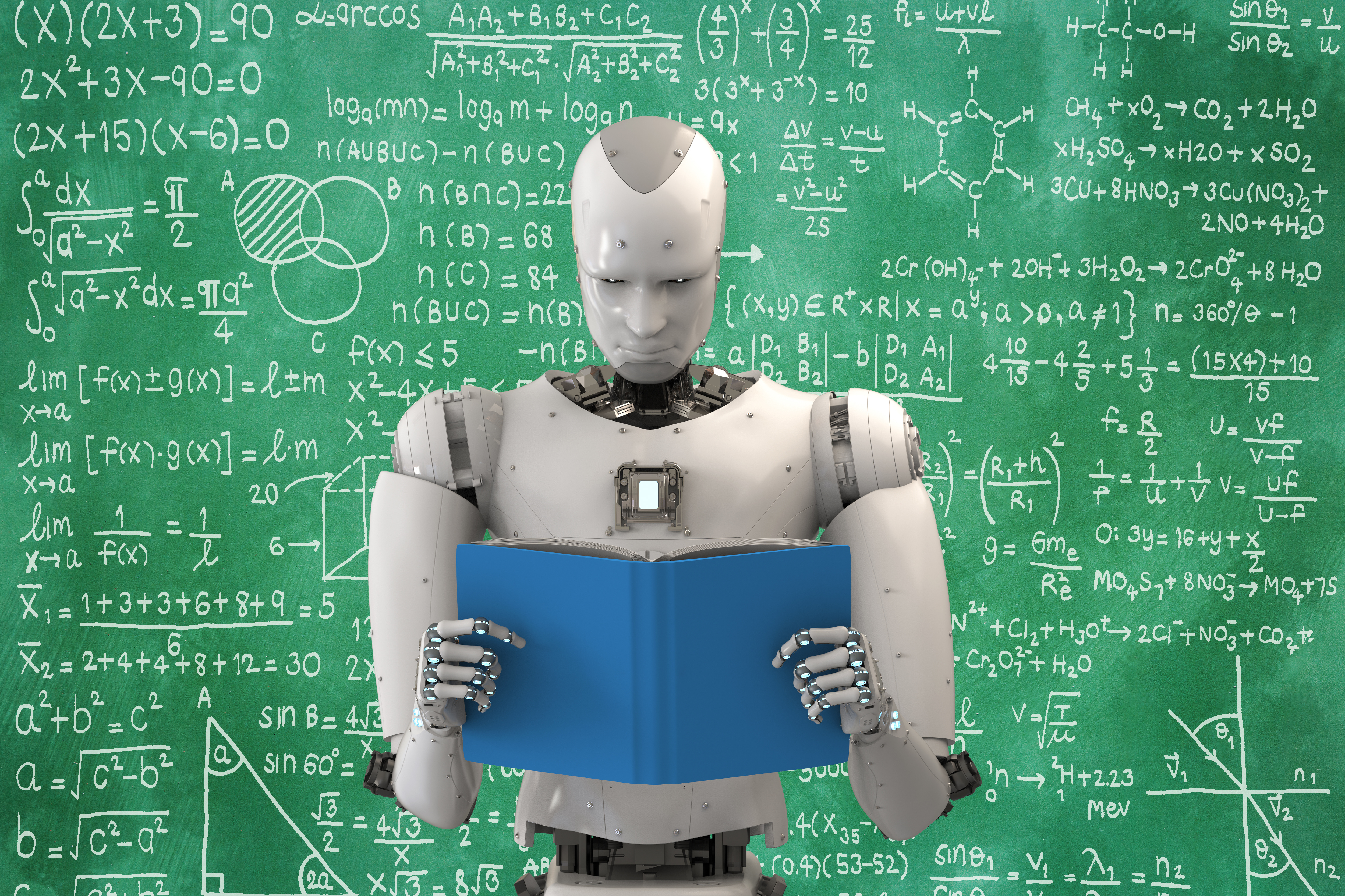3d rendering humanoid robot reading a book