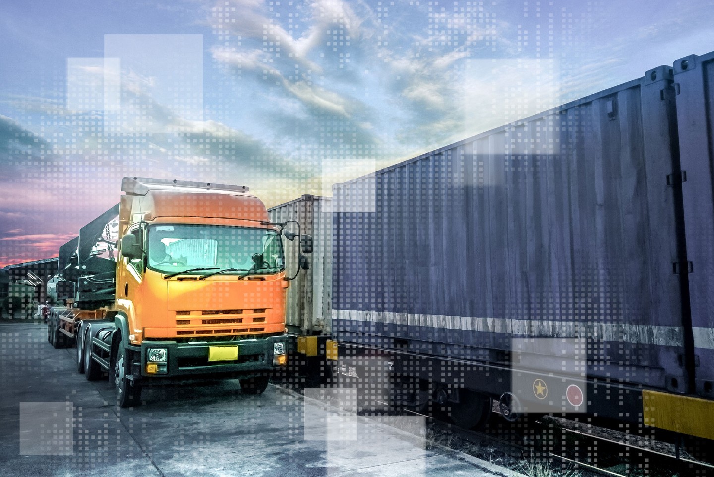 Digitalisierung in Transportlogistik und Kombinierter Verkehr Forschungsfeld »Digitalisierung in Transportlogistik und Kombinierter Verkehr«, orangener Lkw und Wechselbrücken